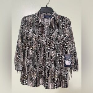 Gloria Vanderbilt Black and White Geometric Blouse size M cotton blend